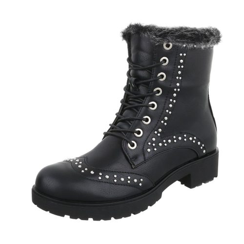 Fekete fűzős bakancs szegecsekkel és szőrmével (FC-H71)