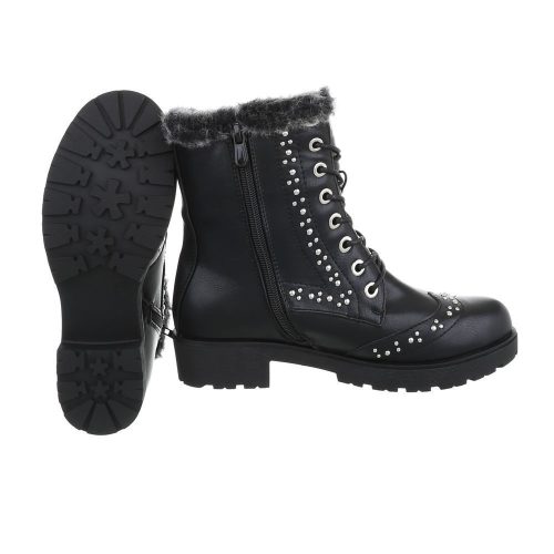 Fekete fűzős bakancs szegecsekkel és szőrmével (FC-H71)