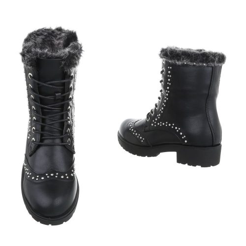Fekete fűzős bakancs szegecsekkel és szőrmével (FC-H71)