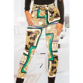 Mintás zsebes magas derekú zöld nadrág övvel