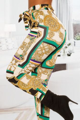 Mintás zsebes magas derekú zöld nadrág övvel