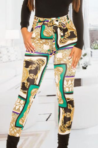 Mintás zsebes magas derekú zöld nadrág övvel