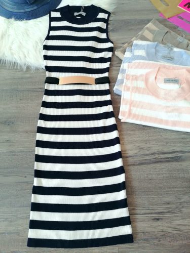 Ujjatlan kötött csíkos hosszú ruha / maxi ruha