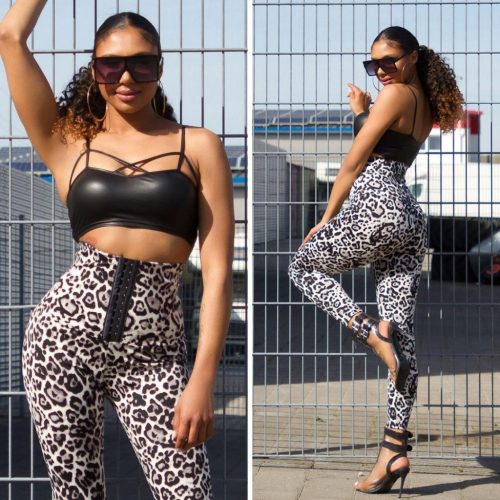 Alakformáló szürke leopárd mintás magas derekú kapcsokkal állítható leggings / cicanadrág