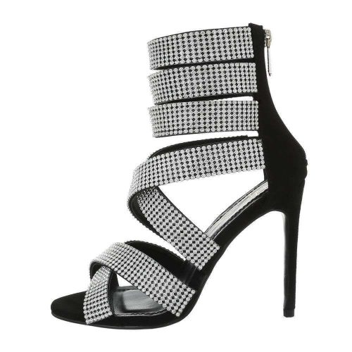Strasszal díszített fekete magas sarkú szandál (HP-123)