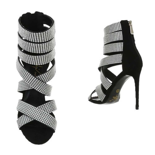 Strasszal díszített fekete magas sarkú szandál (HP-123)