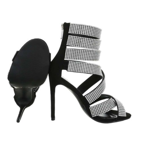 Strasszal díszített fekete magas sarkú szandál (HP-123)