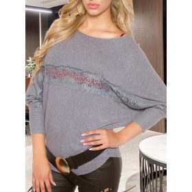   Csipke betétes lenge finomkötéső szürke denevér ujjú felső / pulcsi