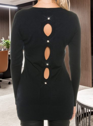 Hátán lyukacsos masnis hosszított fekete kötött kardigán /felső