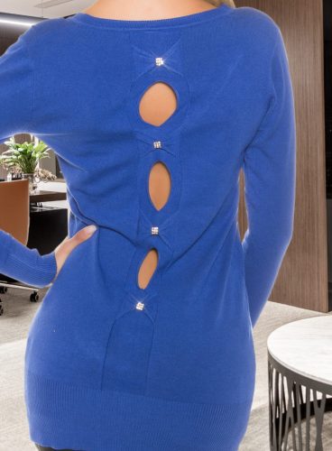 Hátán lyukacsos masnis hosszított kék kötött kardigán /felső