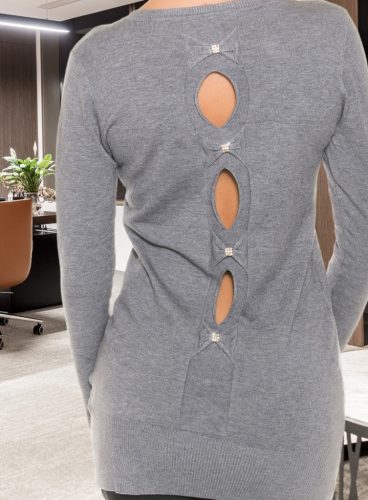 Hátán lyukacsos masnis hosszított szürke kötött kardigán /pulcsi