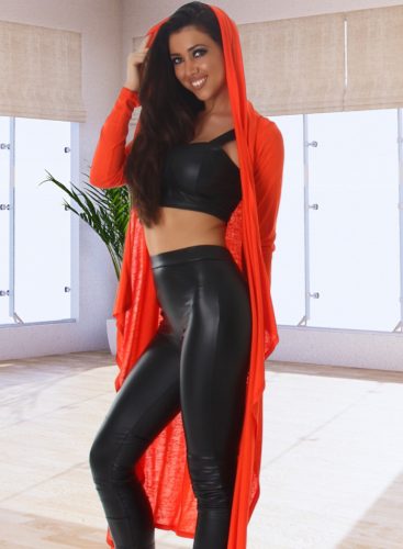 Lenge hosszított átmeneti narancs kardigán kapucnival