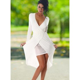   Különleges átlapolt fehér hosszú ujjú aszimmetrikus ruha nyitott hátrésszel