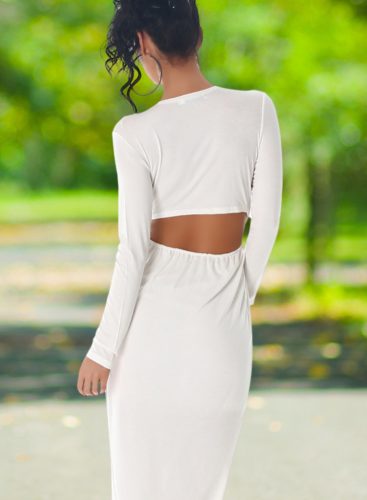 Különleges átlapolt fehér hosszú ujjú aszimmetrikus ruha nyitott hátrésszel