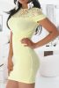 Rövid ujjú finomkötésű vállán csipkés sárga miniruha / tunika