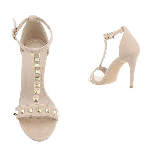 Bézs kényelmes magas sarkú szandál szegecses pántokkal (JR-2039)