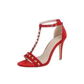   Piros kényelmes magas sarkú szandál szegecses pántokkal (JR-2039)