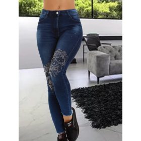 Szűk szárú strasszos kék farmer