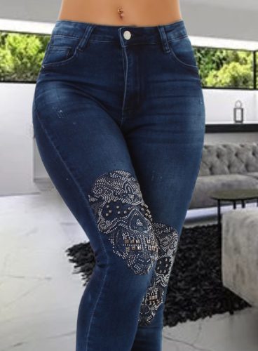 Szűk szárú strasszos kék farmer