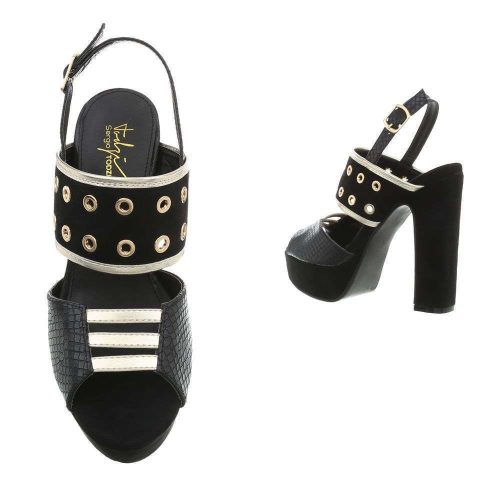 Fekete magas sarkú szandál szegecses díszítéssel (JU21205)