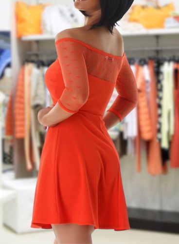 Vállán és ujján áttetsző elegáns korall színű miniruha (JW086)
