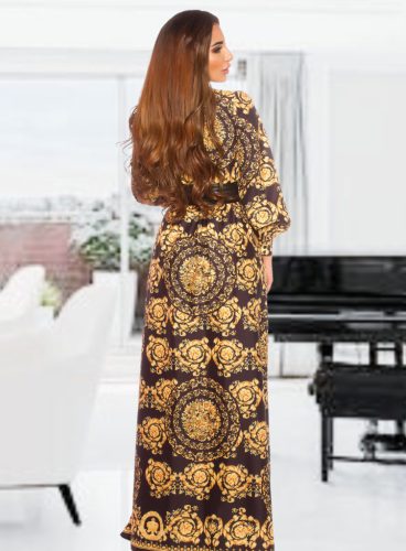 Exkluzív arany mintás maxiruha övvel