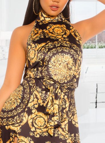 Exkluzív arany mintás ujjatlan maxiruha övvel