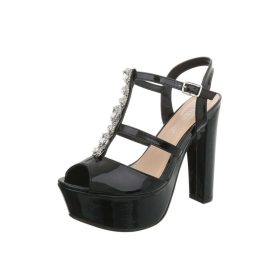 Fekete strasszköves lakk magas sarkú szandál (K2L2905)