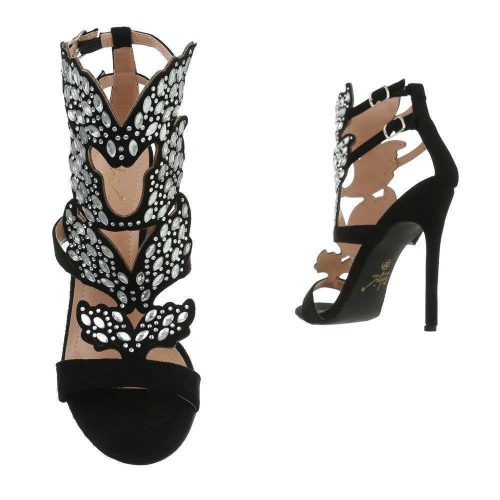 Exkluzív fekete magas sarkú szandál extra köves dísszel (KK04)