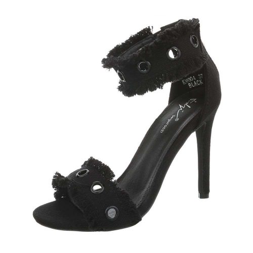 Elegáns fekete magas sarkú szandál szegecses pántokkal (KM-2004)