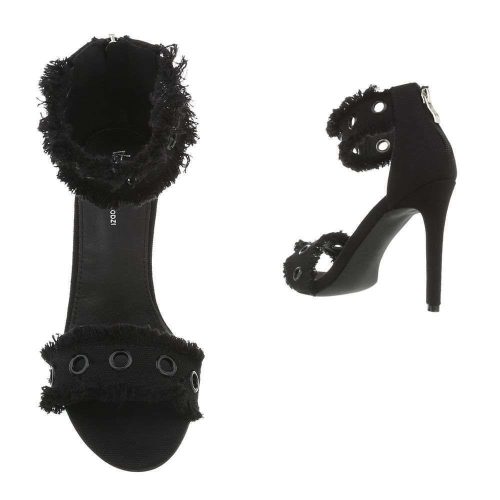 Elegáns fekete magas sarkú szandál szegecses pántokkal (KM-2004)