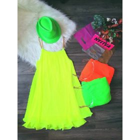 Lenge neon színű vállán láncos plisszírozott miniruha 