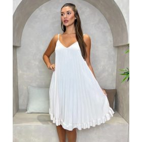 Lenge pántos plisszírozott fehér miniruha 