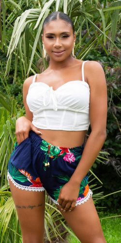 Trendy magas derekú zsebes mintás kék pamut short (rövidnadrág) csipkével