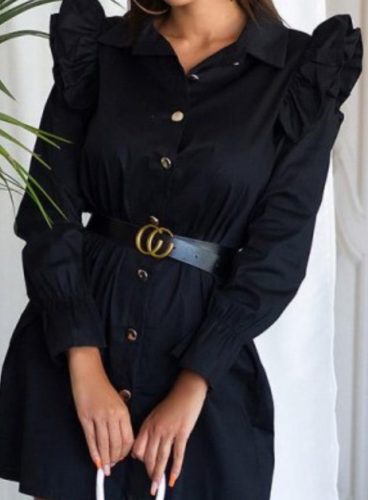 Fekete fodros vállú ingruha / tunika övvel