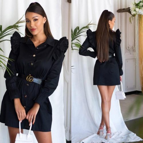 Fekete fodros vállú ingruha / tunika övvel