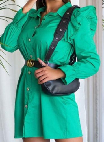 Zöld fodros vállú ingruha / tunika övvel