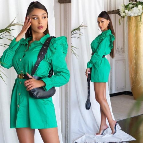 Zöld fodros vállú ingruha / tunika övvel