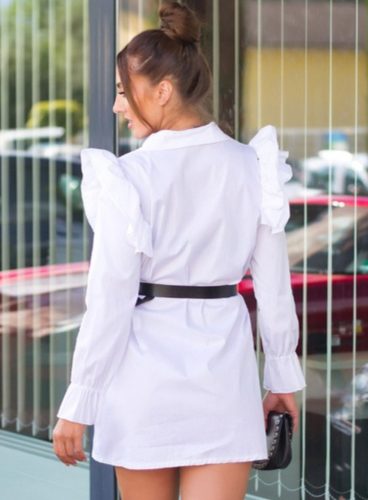 Fehér fodros vállú ingruha / tunika övvel