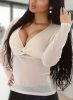 Bézs áttetsző csillámos hosszú ujjú felső mély dekoltázzsal (MX770)