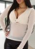 Bézs áttetsző csillámos hosszú ujjú felső mély dekoltázzsal (MX770)