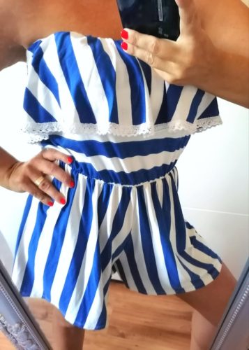 Kék csíkos fodros lenge short overál / rövid nadrág (NN23) 