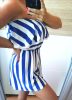 Kék csíkos fodros lenge short overál / rövid nadrág (NN23) 