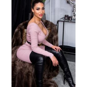 Szexi kivágott kényelmes rózsaszín női overál övvel