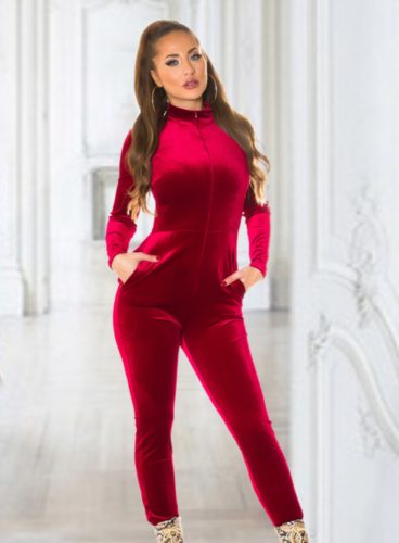 Trendi bordó strasszos bársony overál cipzárral