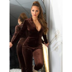 Trendi barna strasszos bársony overál cipzárral