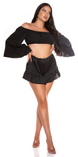 Fekete ejtett vállú lenge fodros szett