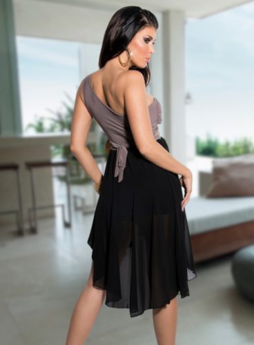 Elegáns cappuccino-fekete aszimmetrikus alkalmi miniruha