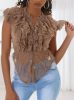 Elegáns áttetsző rövid ujjú csipkés barna blúz (TS237)