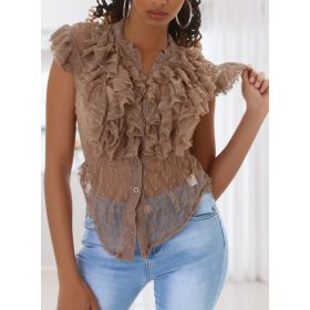   Elegáns áttetsző rövid ujjú csipkés barna blúz (TS237)